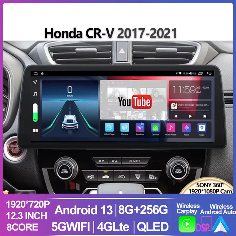 

12.3inch Car Multimedia Radio For Honda CRV CR-V 2017 2018 2019 2020 2021 1920*720DVD QLED Android12 Screen CarPlay video player