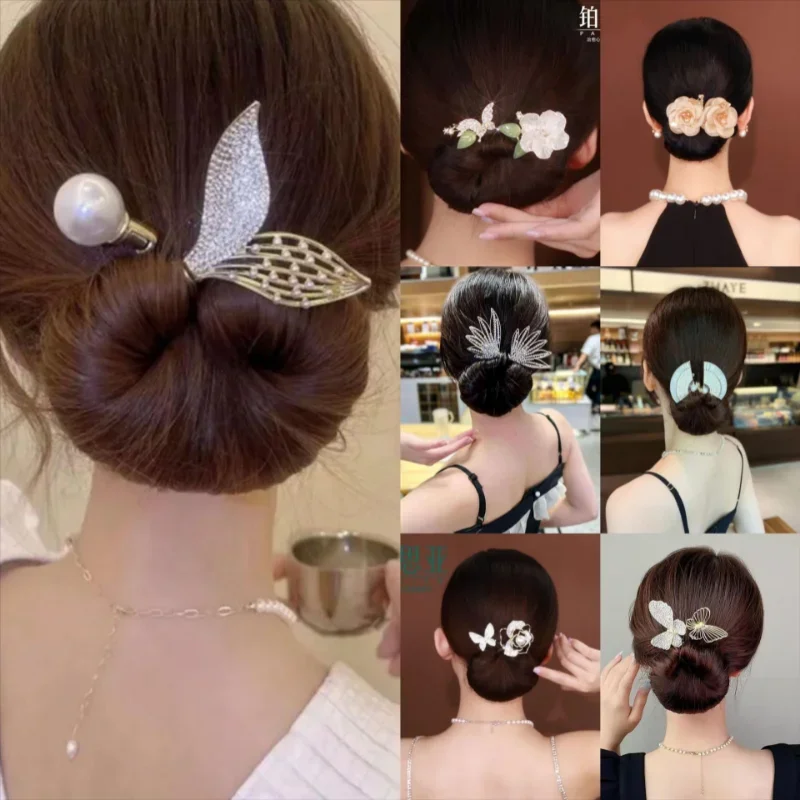 Butterfly Flowers Updo Hair Accessories for Women Retro Luxury Zircon Fishtail Lazy Man Tie Up Hair Stick Headwear Mom's Jewelry