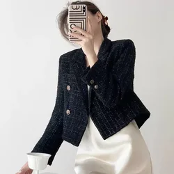 Blazer à manches longues pour femmes, petit manteau de printemps à la mode, nouvelle Version coréenne, ample, à carreaux, de caractère noir, court, 2023