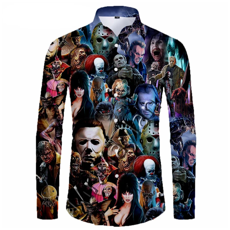 Horror Movie Full 3D Printed Shirts Men Fashion Halloween Long Sleeve Streetwear Oversized Top Homme Clothes Social Camisas