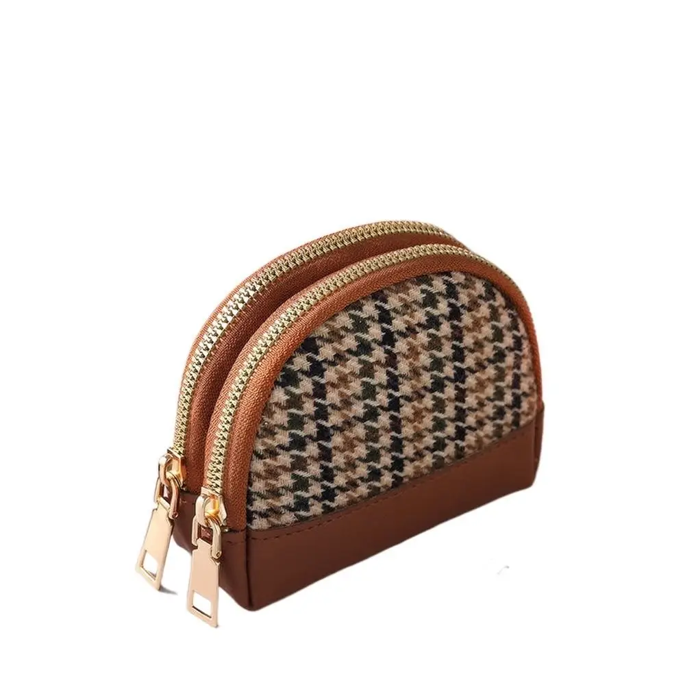 Trendy Small Houndstooth Canvas Fabric with Key Chain Leather Bag Wallet Card Holders Women Coin Purse