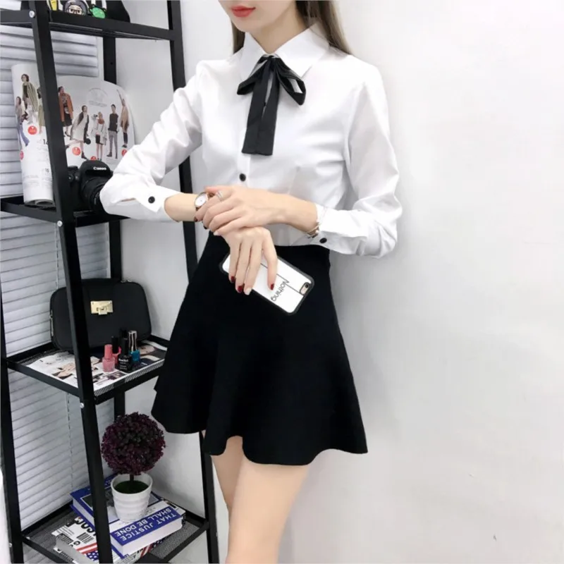 White Shirt Women Blouse Long Sleeve Slim Work Blouse Shirts Women\'s Office Casual Blouses Fashion Bow Tops 5572