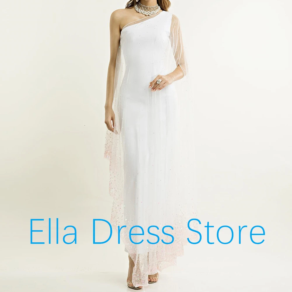 Customized Exquisite Sequined Tulle One Shoulder Evening Dress Delicate Straight Half Sleeves Floor Length Vestidos De Fiesta