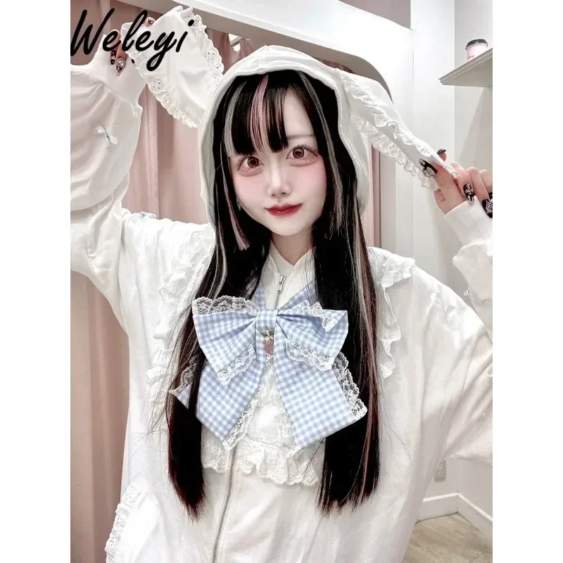 

Kawaii Clothes Mine Sweet Cute Girl Rabbit Ears Hooded Mid-Length Hoodies Women LooseThin Long Sleeve Air Conditioning Cardigan