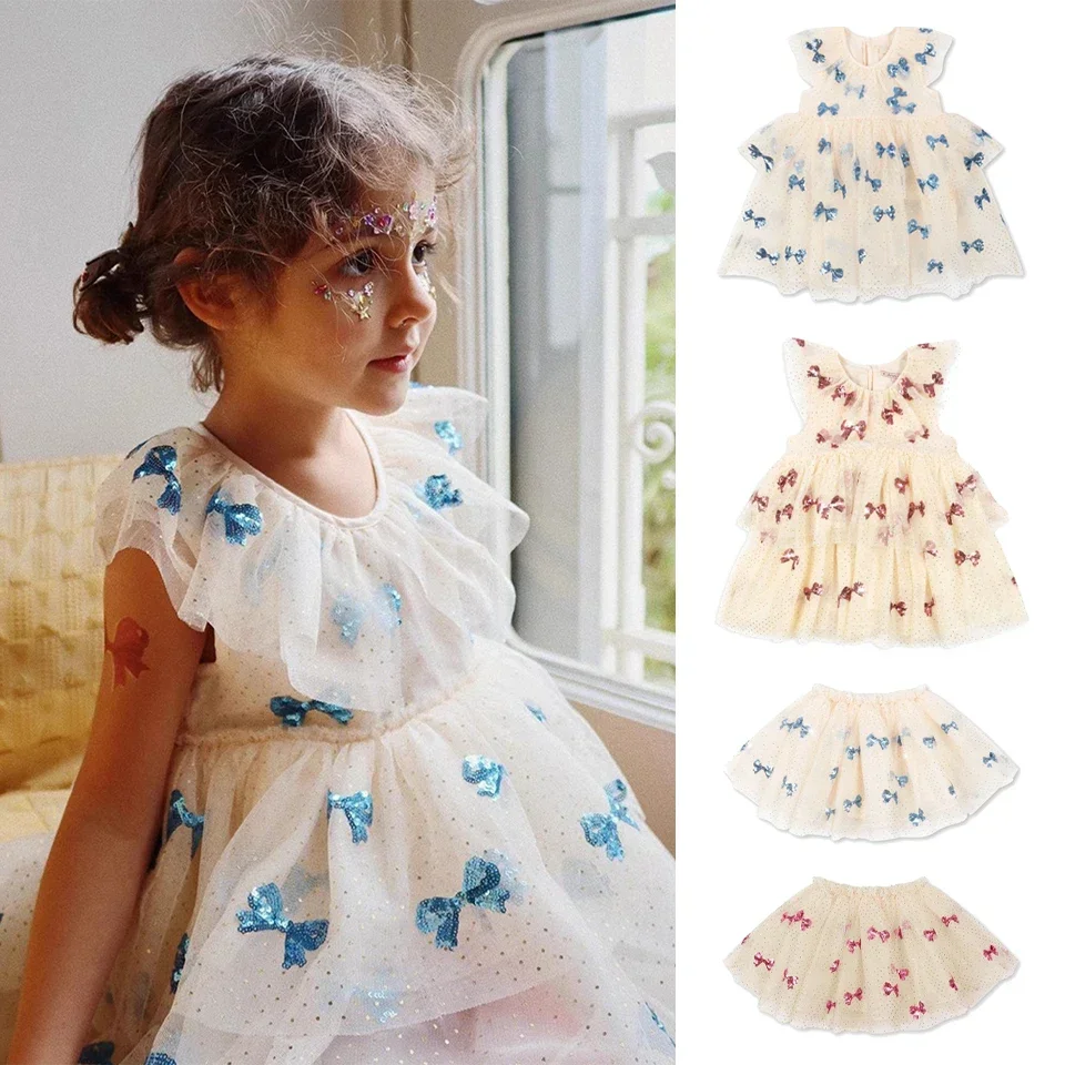 

KS Summer Suit Baby Girl Mesh Skirt Children Dresses Girls Bow-Knot Mesh Dress Girl Dresses Kids Sequined Skirt Baby Outfit Set