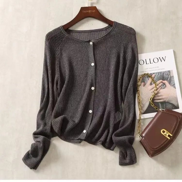 Summer Women Sweater Hollowed Long Sleeves Thin Soft Fashion Lady Sweaters  Loose Single Breast