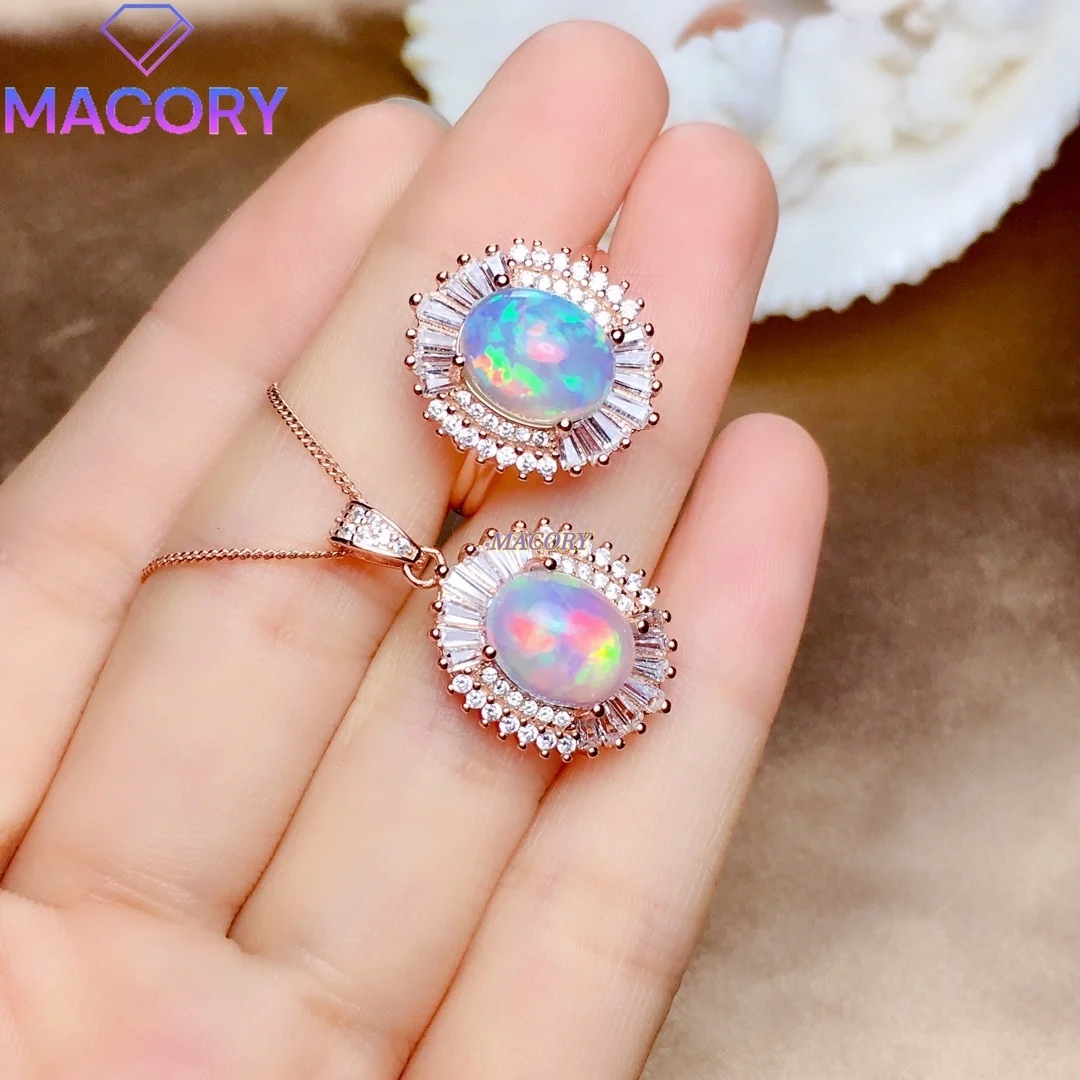 Natural Opal Set Two Piece Ring Necklace Exquisite Jewelry Female Engagement Wedding New High Quality Jewelry