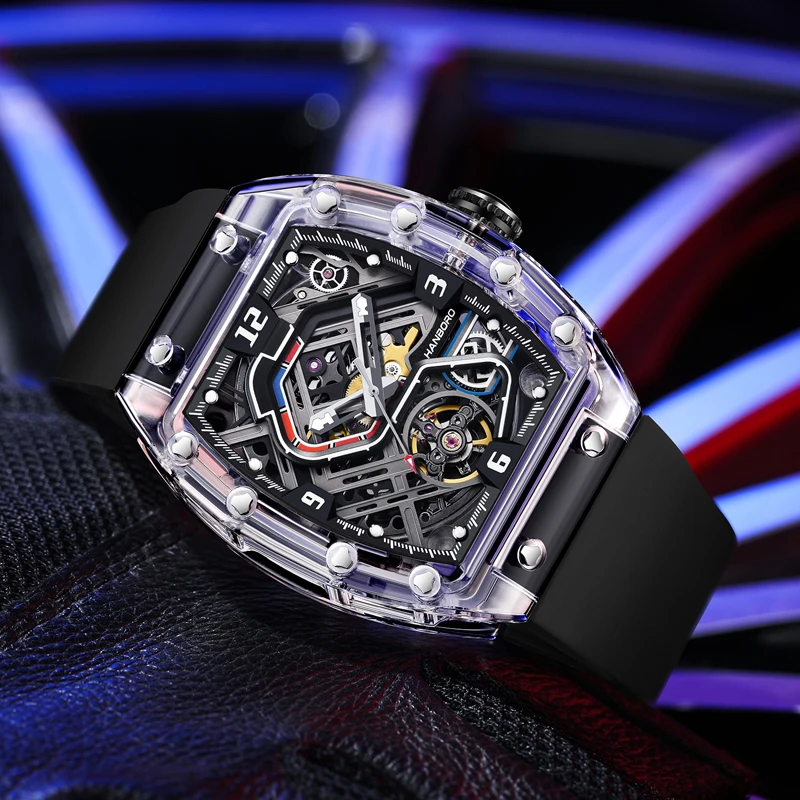 HANBORO Men Automatic Watch 42.5mm*52mm Mechanical Wristwatch Luminous Tonneau Transparent Acrylic Case Waterproof Racing Track