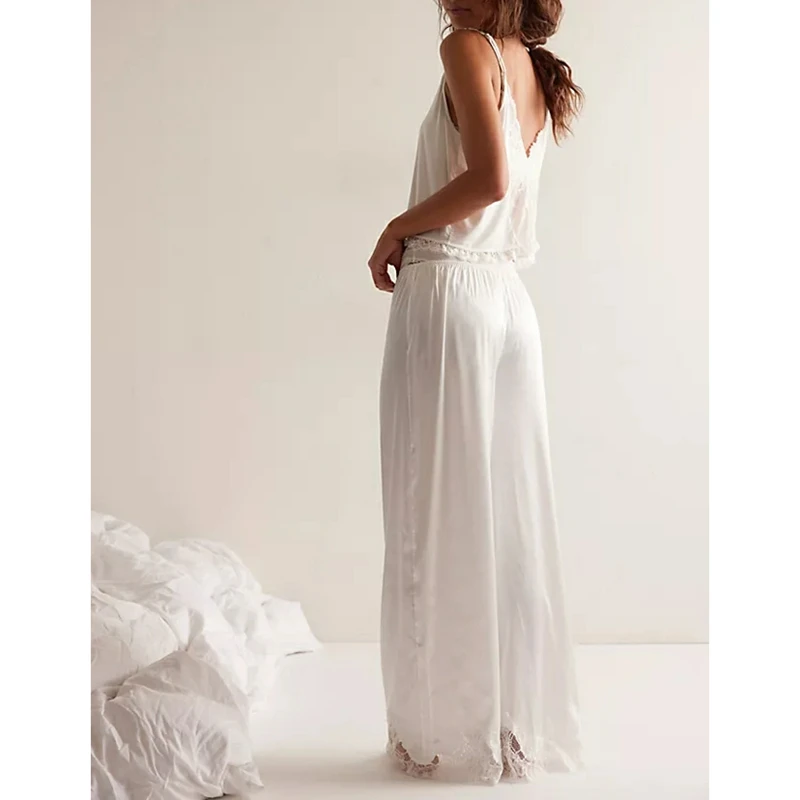 

Женский летний атласный шелковый пижамный комплект с цветочной кружевной отделкой и завязкой спереди, топы на бретельках с разрезом + прямые брюки, одежда для сна из 2 предметов