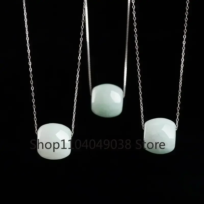 Natural A Jadeite Clipper Card Pendant Ice Seed Jade Transfer Beads Women's Jade Pendant S925 Silver Chain Jade Necklace