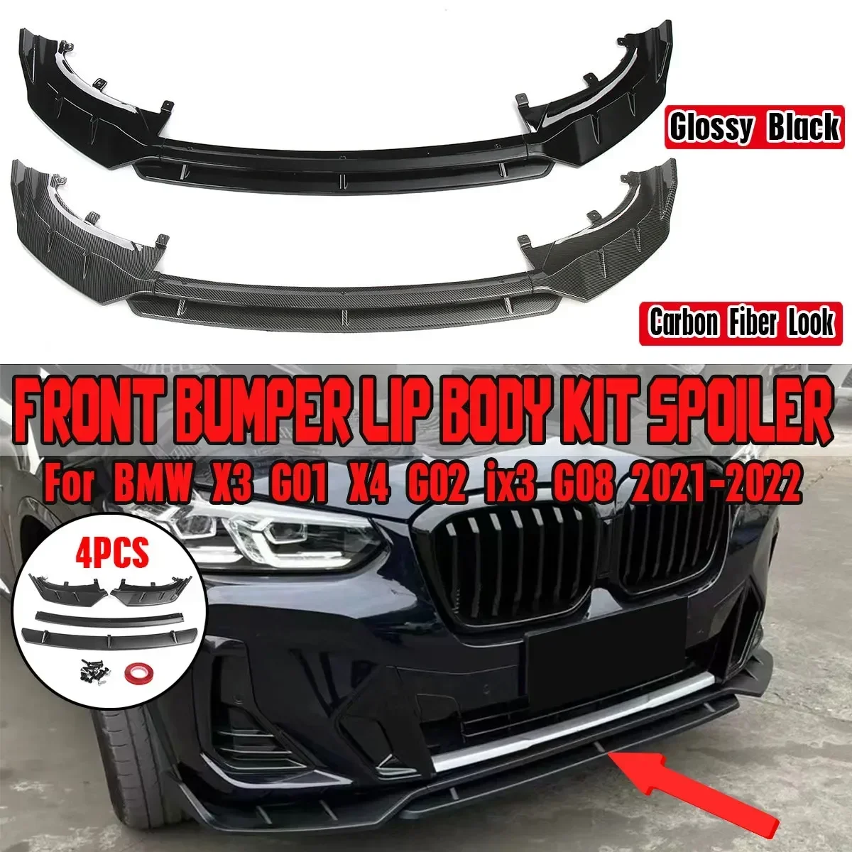 New 4 Pieces Car Front Bumper Splitter Lip Diffuser Spoiler Cover Guard For BMW X3 G01 X4 G02 ix3 G08 2021-2022