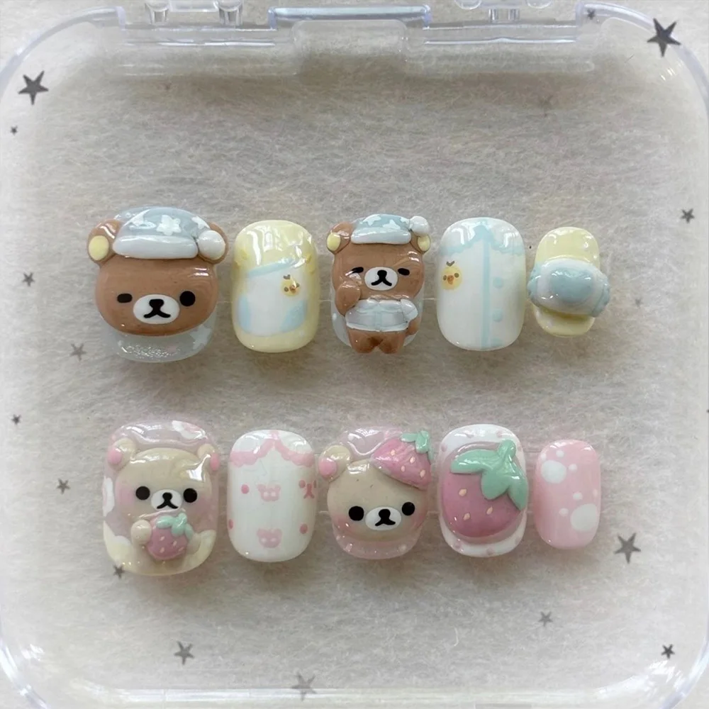 Niedliche Retro Japanische Rilakkuma Rosa Kaninchen Mandel Künstliche Nägel 3D Schleife Stern Katzenpfote Erdbeere Aufklebenägel Handaccessoires – Detail 15