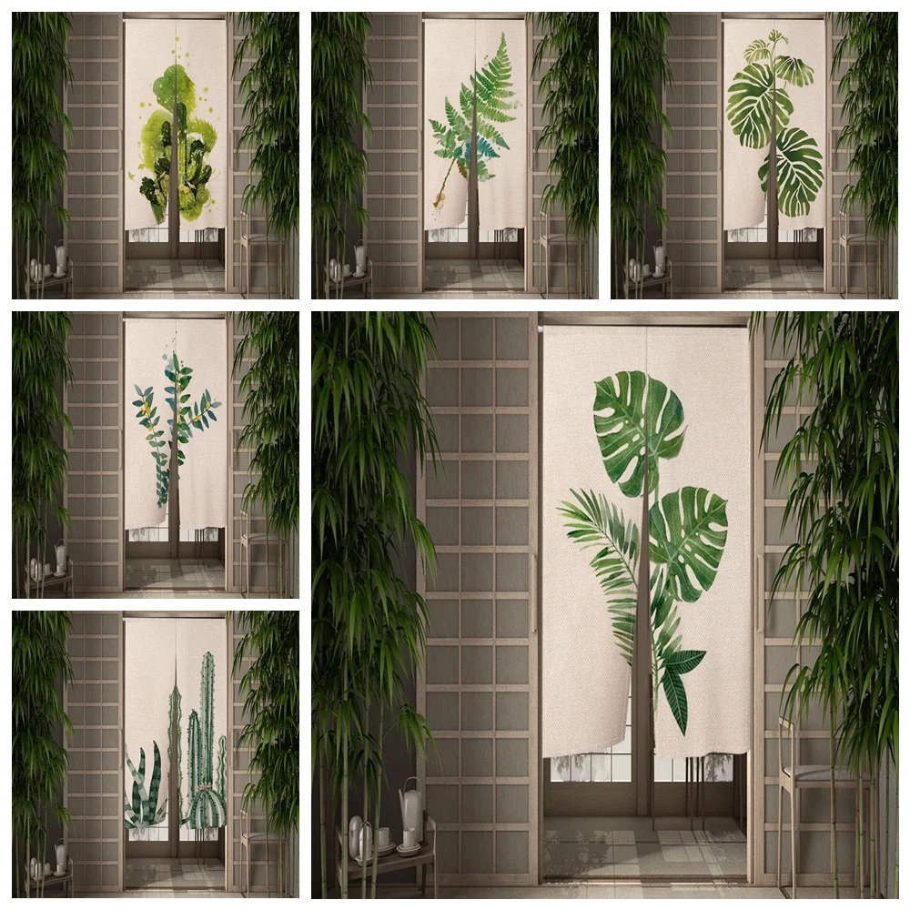 

Green Plant Door Curtain Printed Partition Kitchen Doorway Decorative Plant Simple Drapes Cafe Restaurant Decor Noren Curtains