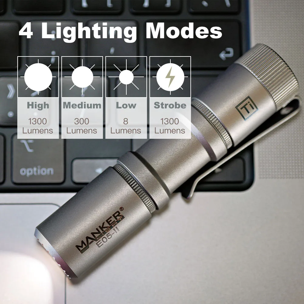 Manker E05 II (Ti-Bead Blasted, Cool white Version, 6500K) Compact EDC Flashlight, High Density White LED Emitter 1300 Lumens