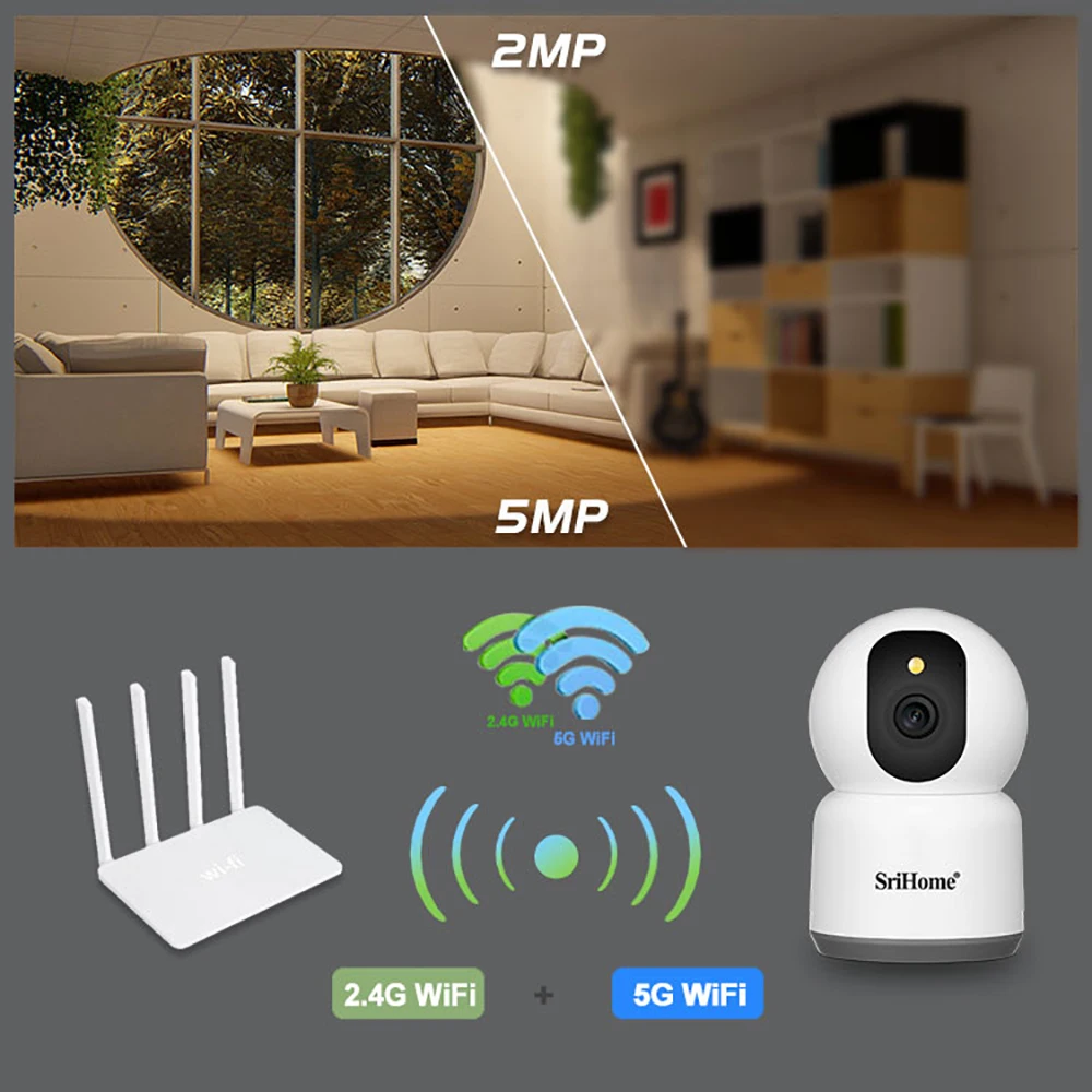 2.4G/5G Dual-Band 5.0MP QHD Wifi IP AI Wireless Starlight Camera 2-Way Audio Night Color Surveilla CCTV PTZ Camera Srihome SH038