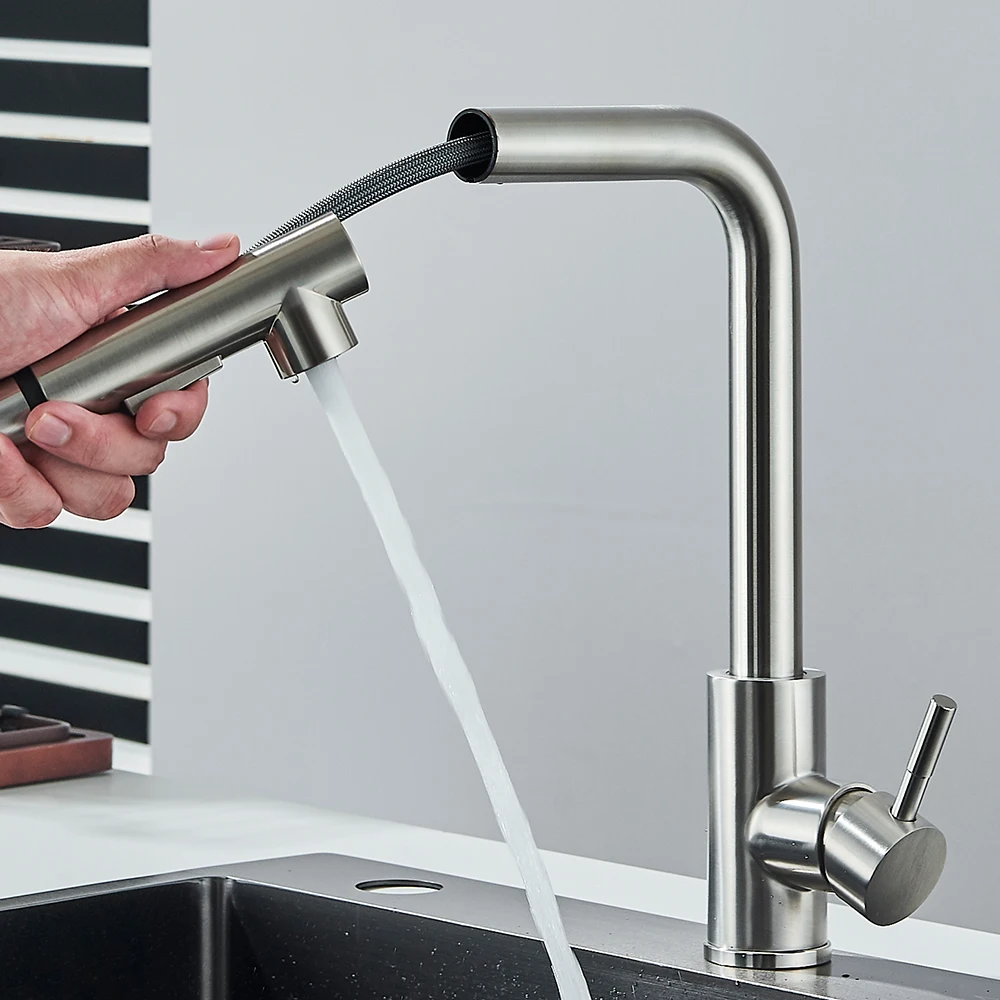 سحب صنبور حوض المطبخ ارتفاع ضغط اثنين نموذج تيار فوهة البخاخ الفولاذ المقاوم للصدأ الحنفية سطح السفينة تثبيت الماء الساخن والبارد