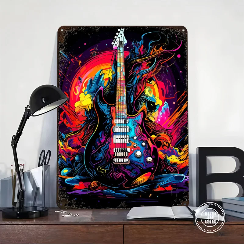 Psychedelic Electric Guitar Art Printed Poster Customized Wall Art Retro Vintage Metal Tin Signs for Living Room Decor Wand Deko