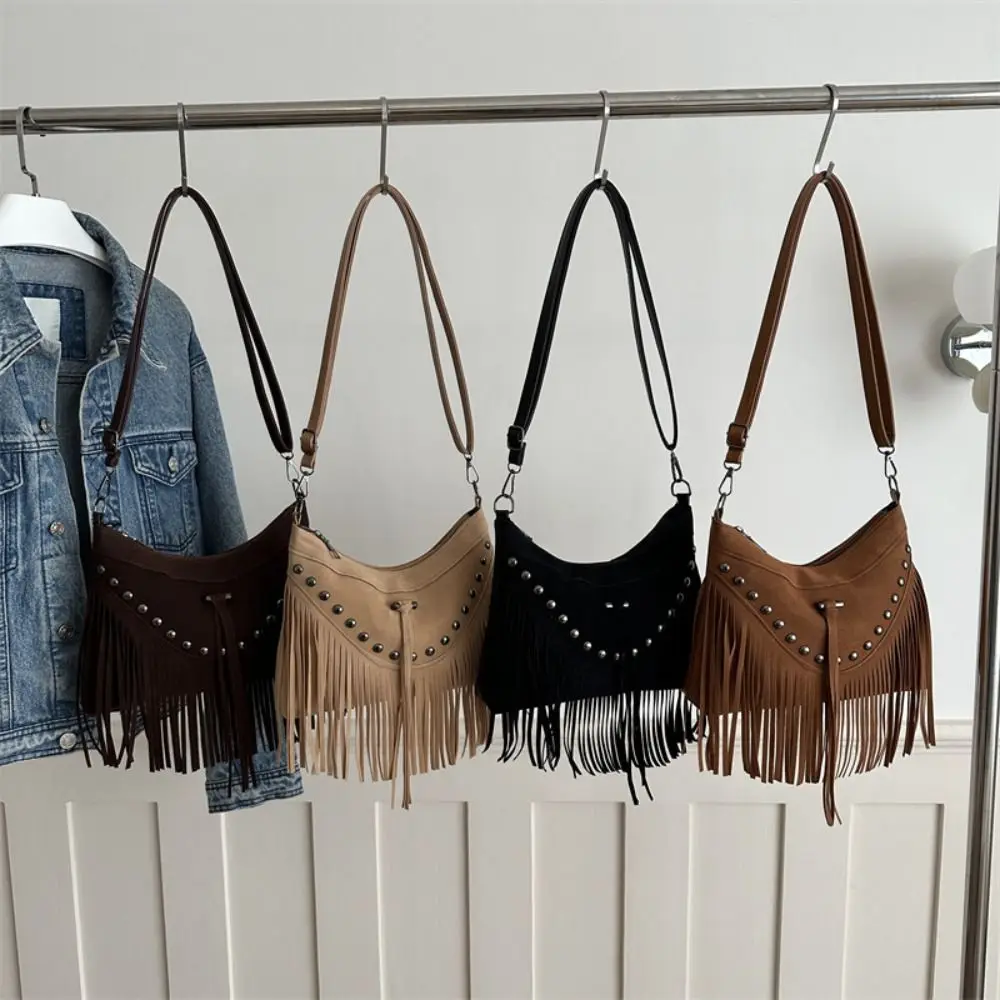 Korean Tassel Shoulder Bag Bohemian Style Vintage Suede Crossbody Bag Large Capacity PU Leather Ethnic Style Handbag