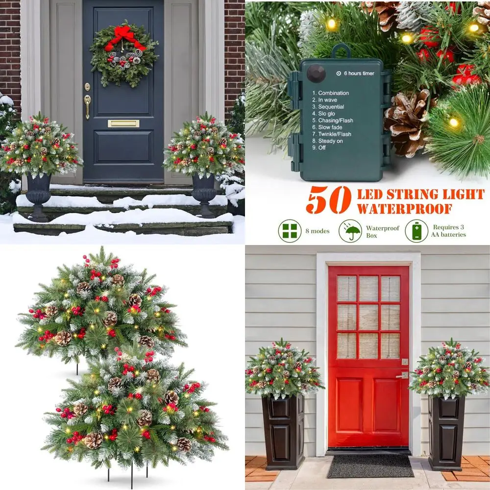 

Battery-Powered 20 Decorated Christmas Tree with 50 LED Lights, Pine Cones, Red Berries, Frosted Urn Base, Timer, Ideal for Outd