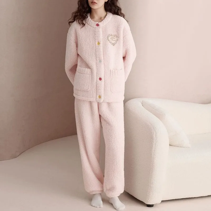 

Женские пижамные комплекты из кораллового флиса, осенне-зимняя утолщенная теплая одежда для дома, женская повседневная домашняя одежда, одежда для сна, костюмы из двух предметов
