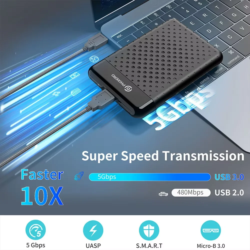 PHIXERO 2.5 Inch External Storage HDD Case USB 3.0 Type-C 6Gbps SATA NVMe HDD SSD Hard Drive Enclosure for PC Laptop Smartphone