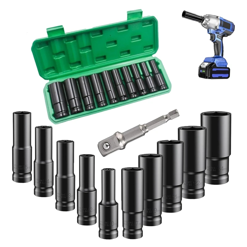 

Deep Impact Socket Set,11Pcs 1/2In Socket Sets 10-24Mm With Driver Socket Extension And Storage Box For Automotive Home Durable