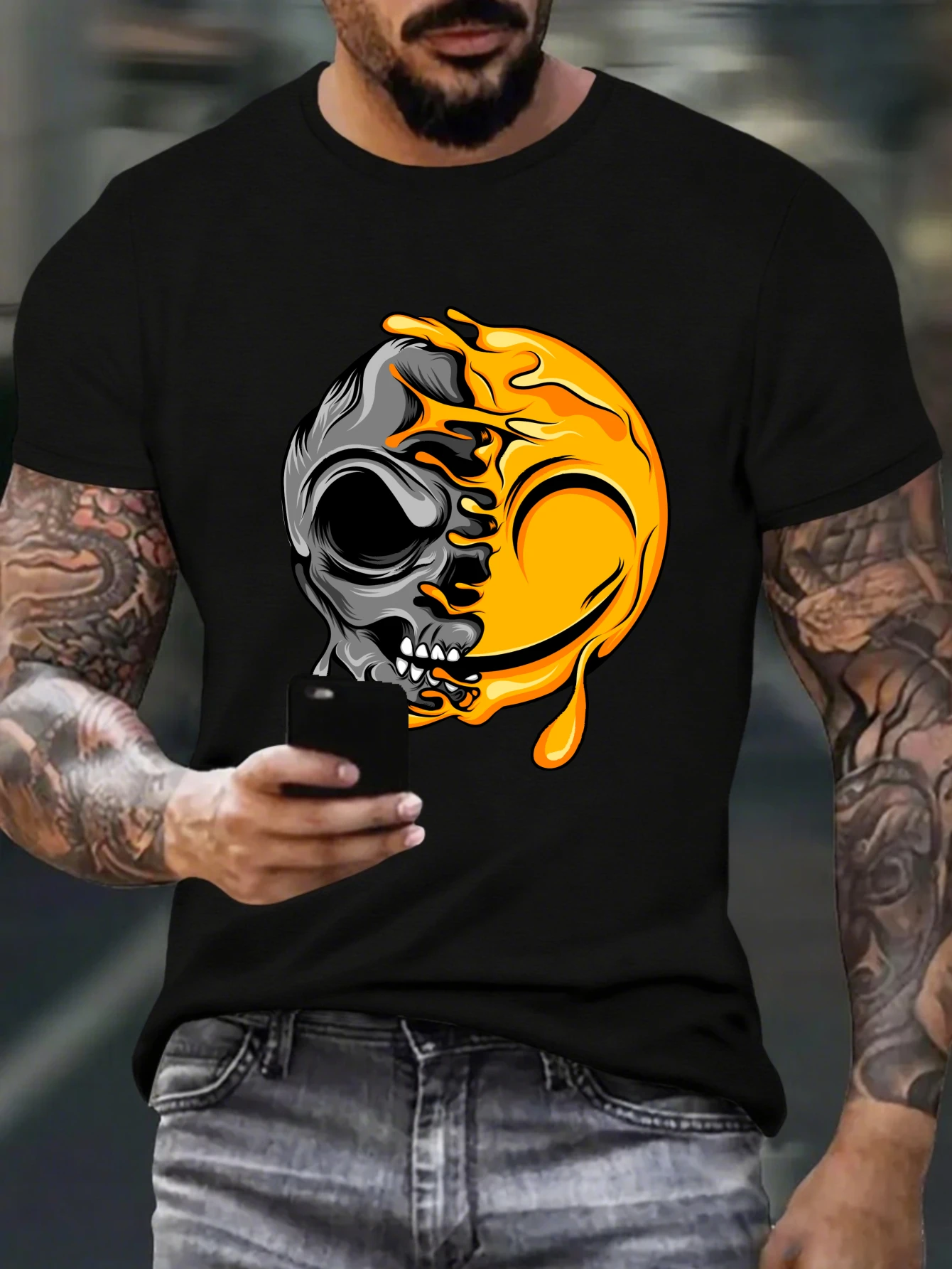 

Retro Tiger & Snake Graphic T-Shirt for Men, Wild Cat Style Short Sleeve Tee, Ferocious Tiger Print Tops