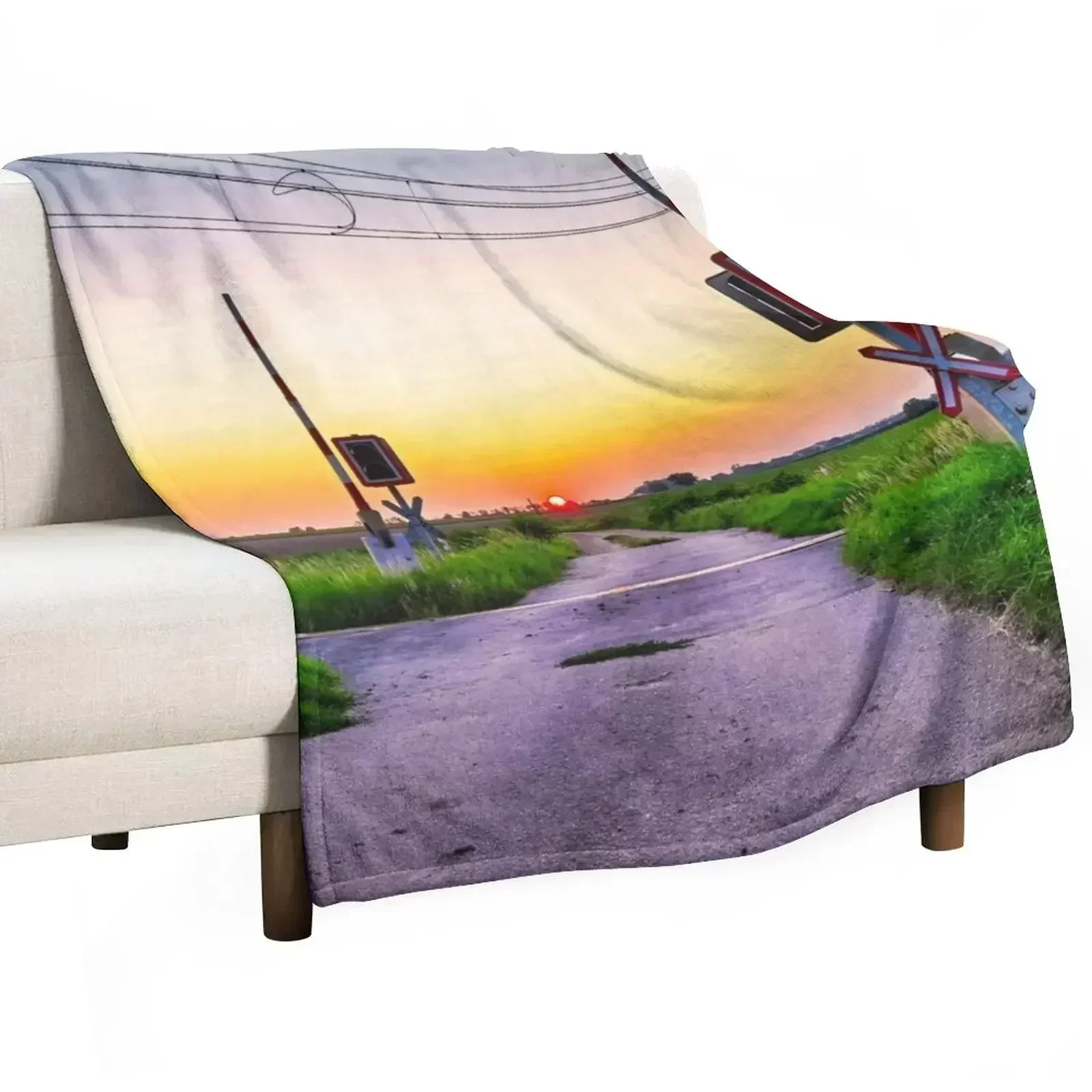 Railroad crossing - with sunset behind Throw Blanket Multi-Purpose Thermal Soft Big Nap Flannel Fabric Flannels Blankets