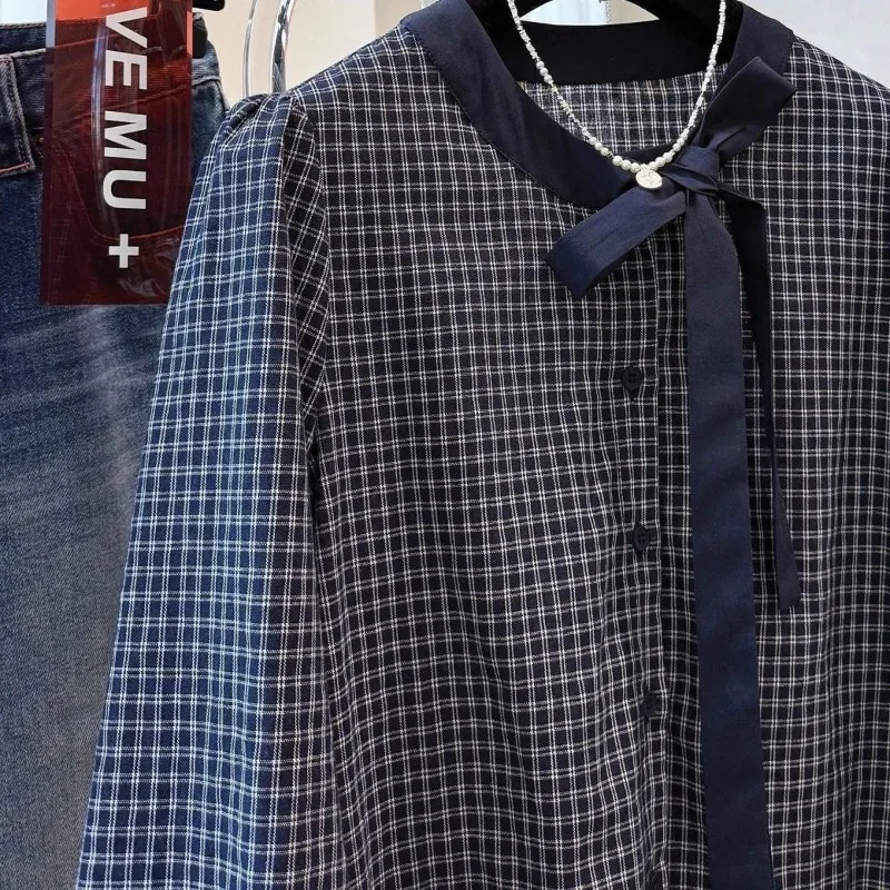 الكورية الرجعية منقوشة القوس ضمادة الجولة الرقبة قميص المرأة 2025 الخريف جديد الكشكشة تصميم كم طويل بلايز الحلو Y2k بلوزة