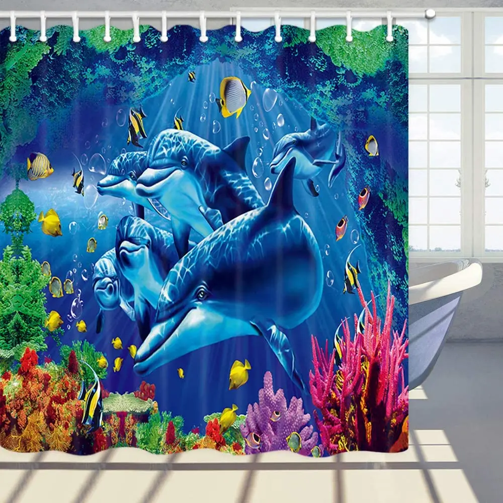 

Ocean Animal Decor Shower Curtain Underwater Dolphin Tropical Fish Coral Reef Bathroom Polyester Fabric Bath Curtains with Hooks