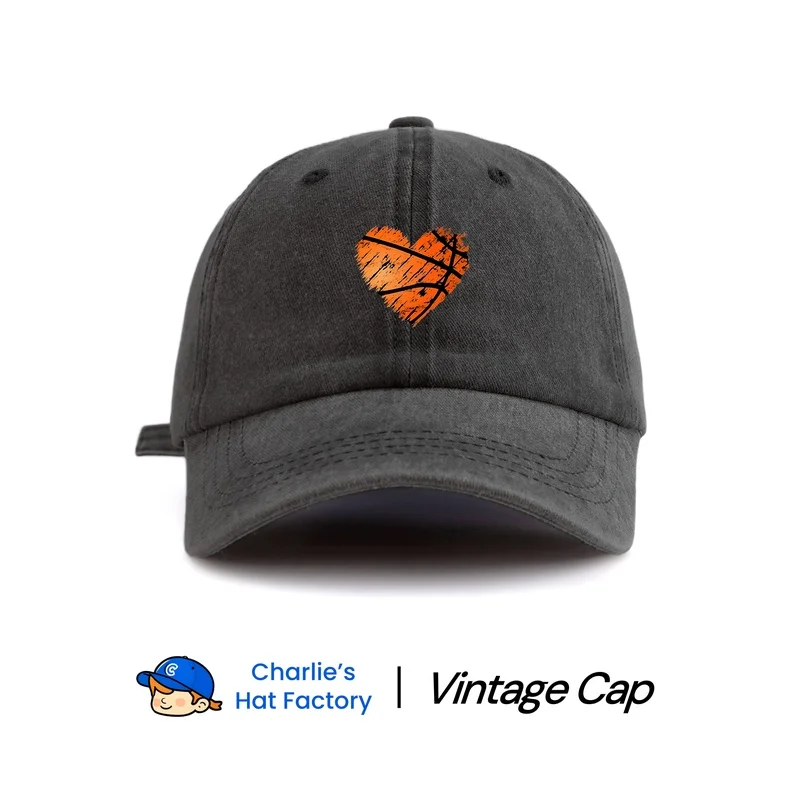 1 pc basketball heart Print Washed Baseball Cap, Classic Casual Stylish Vintage Soft Sweatband Adjustable Size Lightweight
