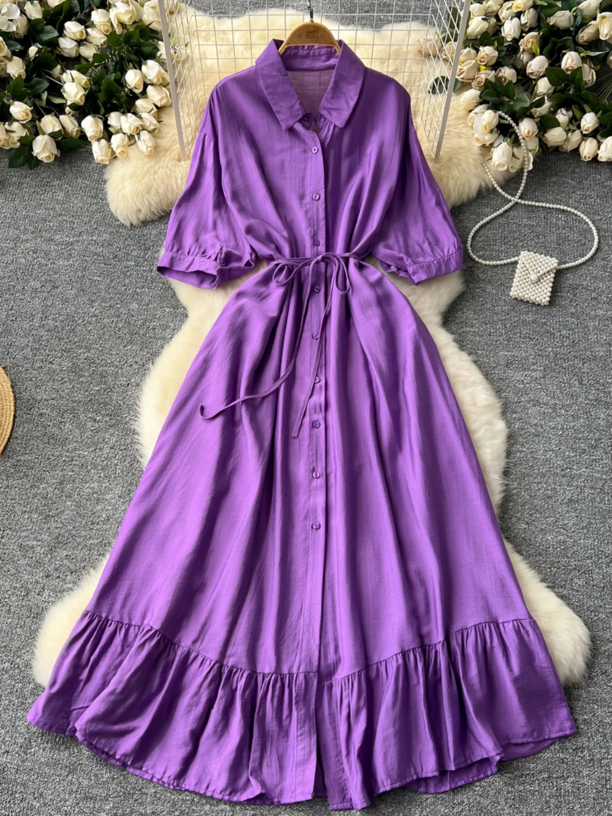 Damska długa sukienka Retro Chic Polo Collar Jednorzędowa wąska koszula Sukienka Luźna Oversize Boho Y2k Streetwear Party