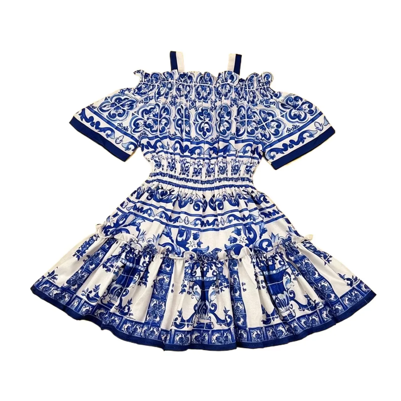 High end children's clothing 2026 Summer New Girls' off-shoulder Dress flower Print Children's Dress blue flower party dress
