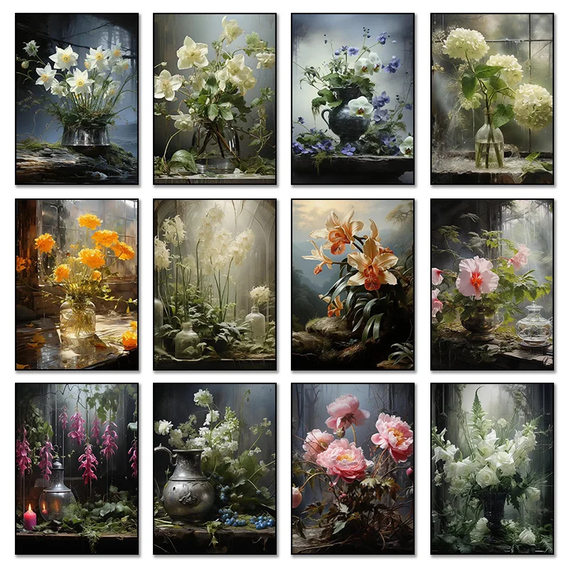 Dark Cottage Rose Bellflower Calla Lily Dark Plant Vintage Bouquet Poster Diamond Paintings Wall Art Pictures For Room Home De