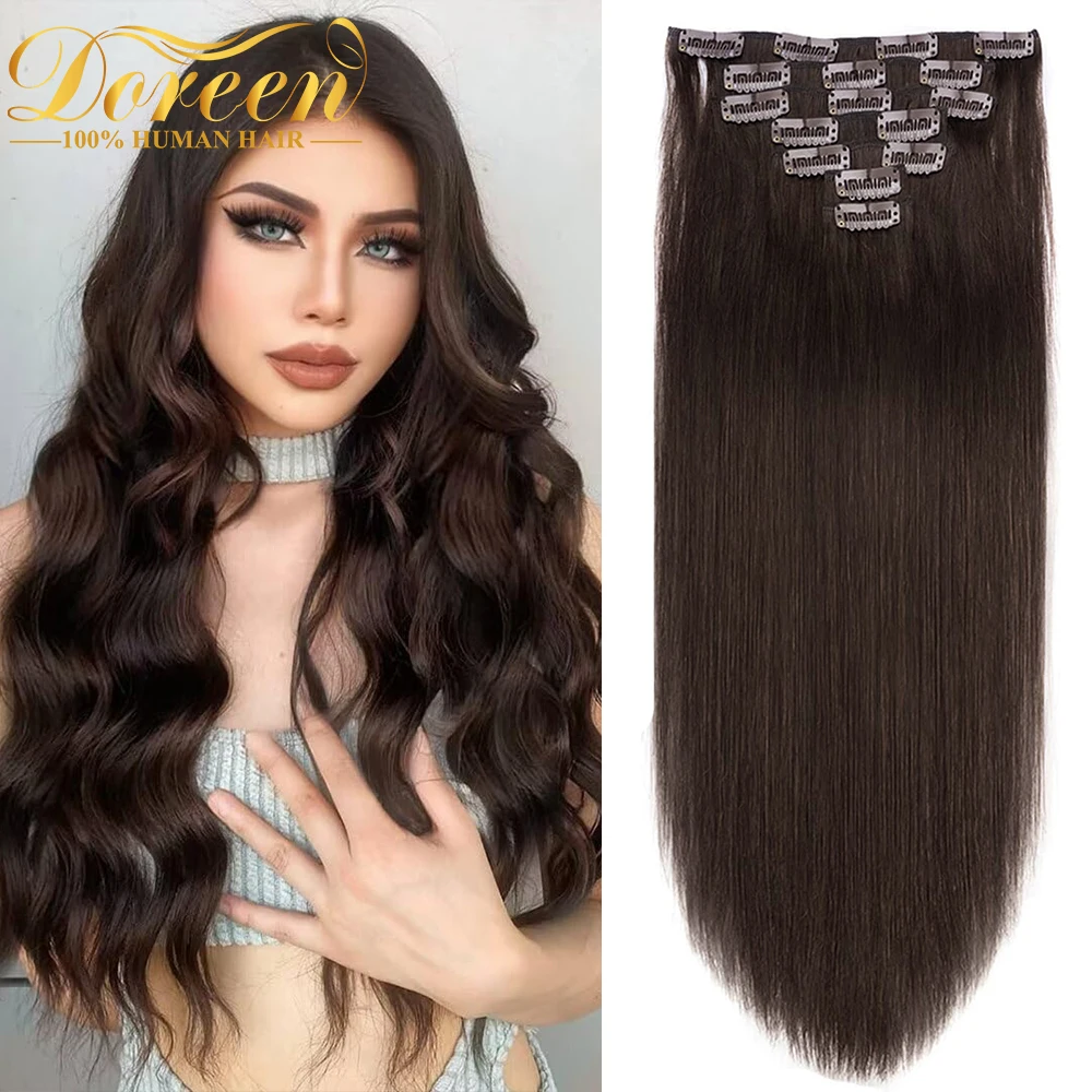 Doreen كليب مقاطع الشعر في 100% مشبك شعر بشري في وصلات الشعر مقاطع شعر طبيعية حقيقية مخيط على لحمة بني داكن 110 جرام إلى 200 جرام