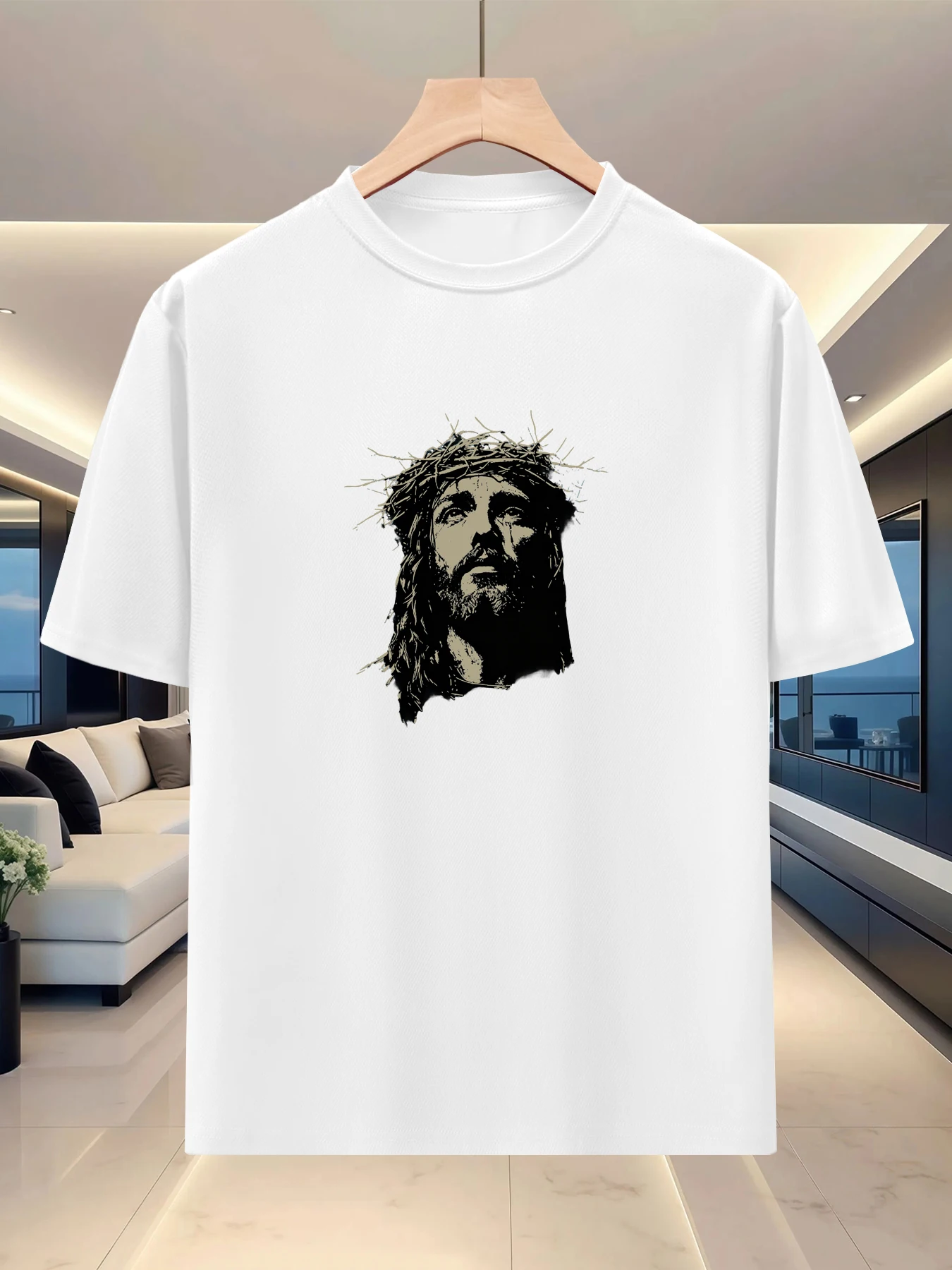 Free style men's half sleeved silhouette base for spring and summer outings, niche trend printed loose short sleeved top