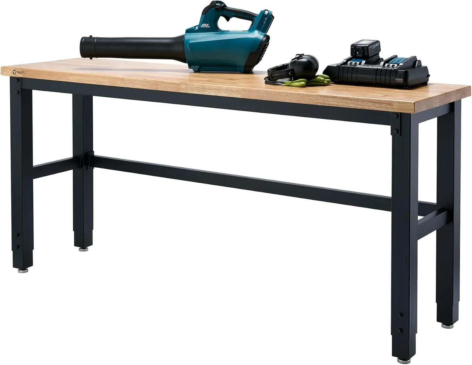 Trinity Heavy Duty Wood Top Work Bench Adjustable Height Utility Table With Powder Coated Steel Frame For Commercial,