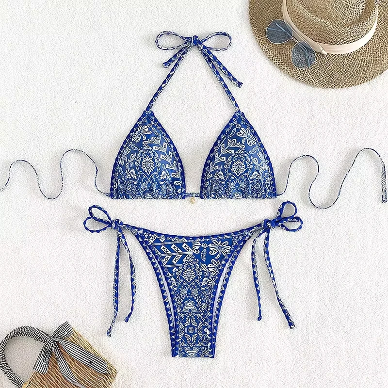 2025 New Summer Swimwear Bikini Set Sexy Print Backless Bikini 2 Piece Set Women Laced Up Split Swimsuit High Waist Beach Bikini
