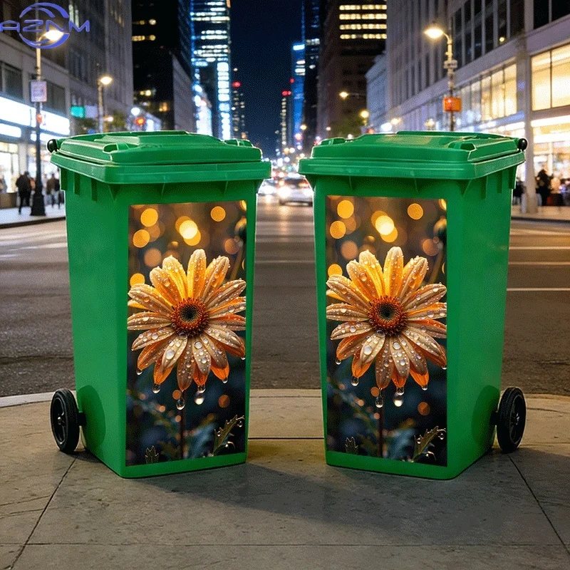 2D Flat Printing 1pc Trash Can Sticker, Morning Dew Reflecting Golden Chrysanthemum Theme Design, Self-Adhesive Wall Decal for