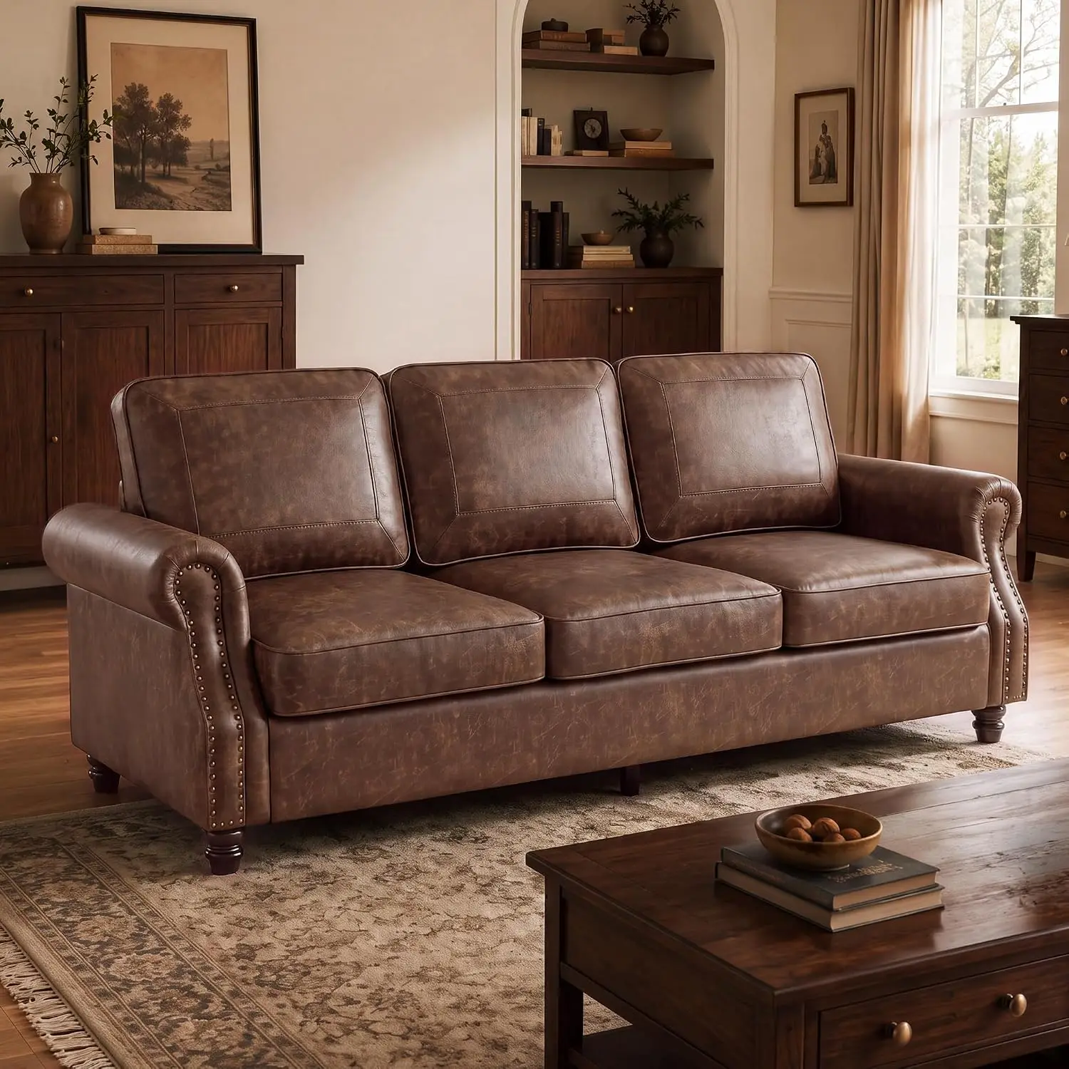 Faux Leather 3 Seater Sofa with Rolled Arms,Mocha, Customized