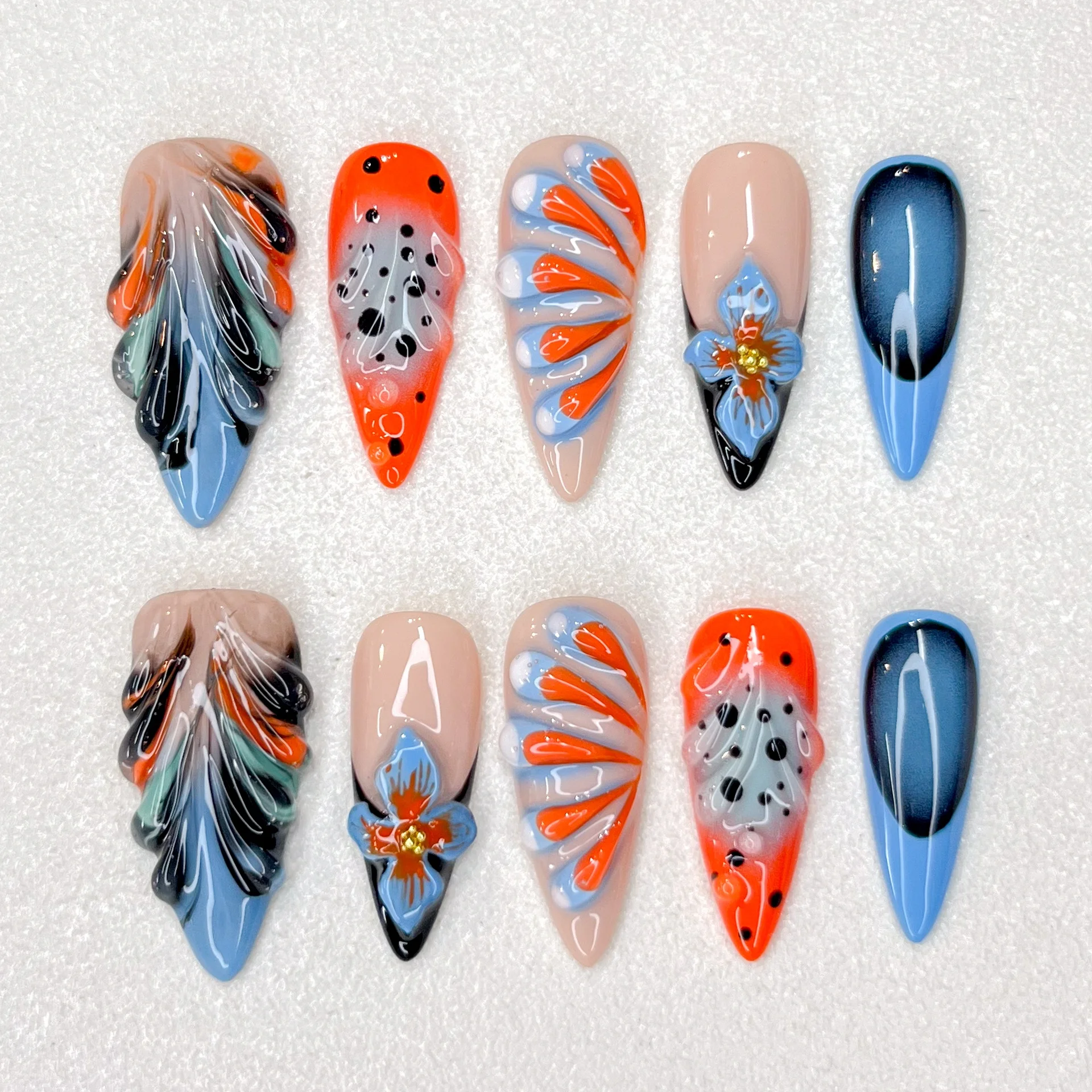 3D Relief Series Handmade Nail Art Color Gradual Change Color Press on Nails Female Nail Decoration Long Pointed Shape Nail Art