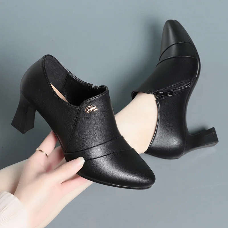 Women Comfort Soft Leather Soft Sole Pointed Toe Thick Heel Fashion Retro Casual Shoes Spring  Elegant Dress Black Single Shoes