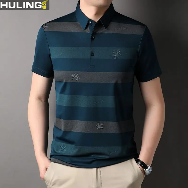 

Men's Thin Lapel T-shirt Short-sleeved Maple Leaf Top Casual Ice Silk Stretch Breathable New POLO Shirt