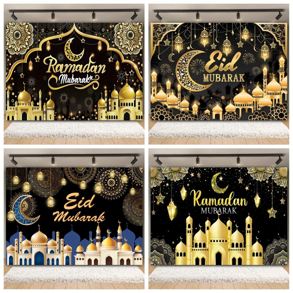 

Eid Mubarak Decor Backdrop Ramadan Kareem Mubarak Islamic Mosque Moon Lantern Eid Al-fitr Family Party Photography Background