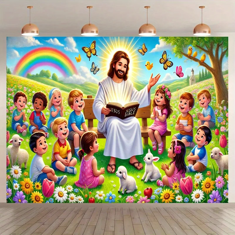 Jesus Bible Story Tapestry, Rainbow Butterfly Animal Scene Wall Art for Church Events and Religious Home Decor