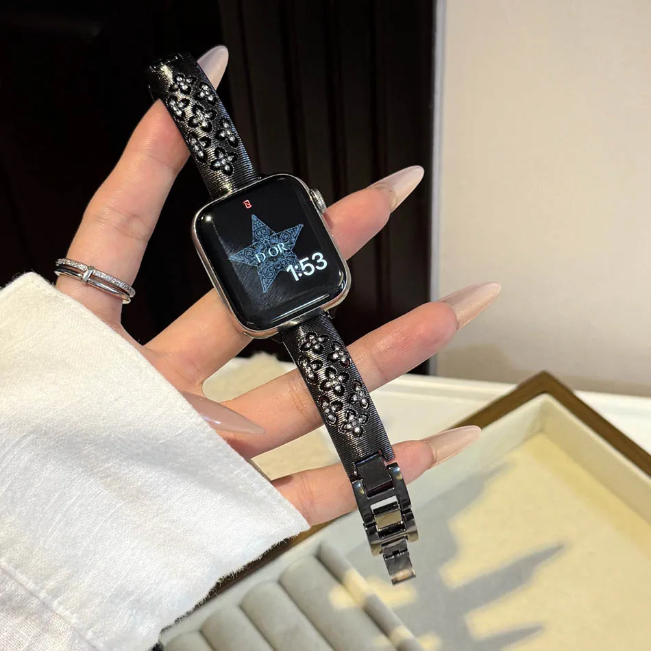 Cinturino con diamanti di lusso per cinturino Apple Watch da donna 38-49 mm serie iWatch 10 9 8 7 6 5 4 3 SE Ultra, design di gioielli floreali