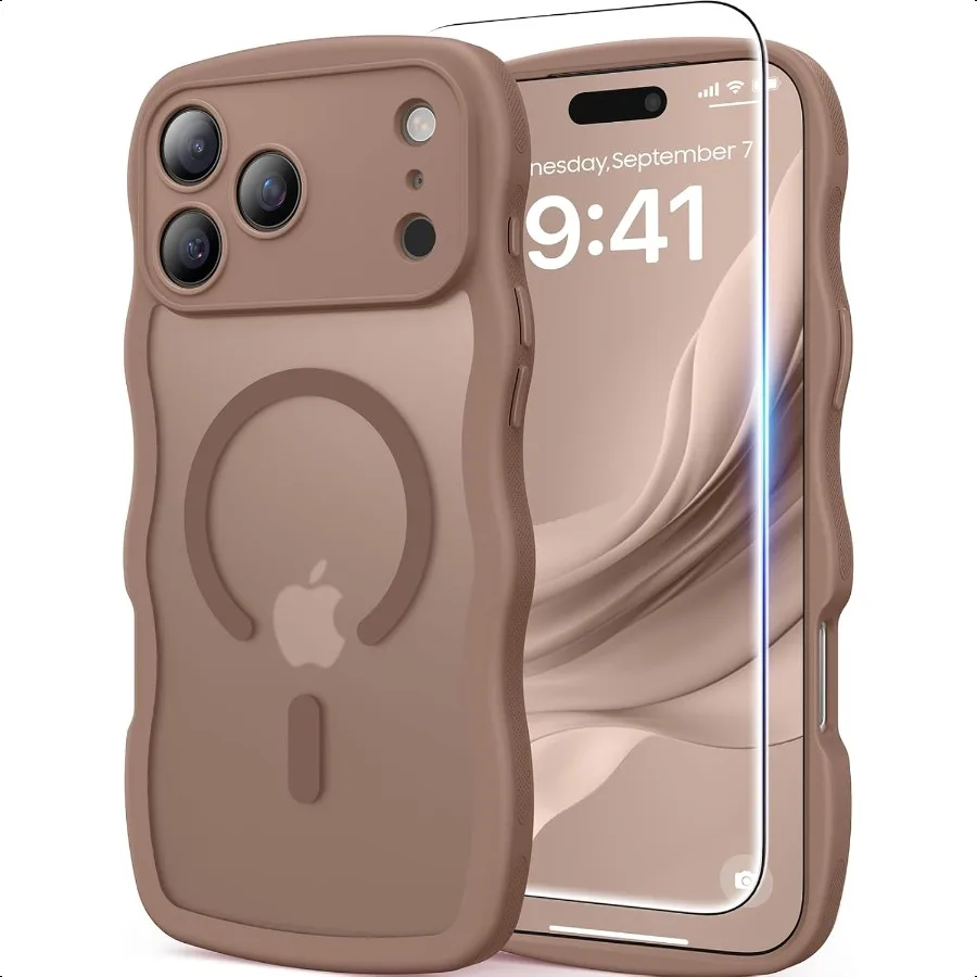 

Магнитный чехол для iPhone 17 Pro Max, 1 защитная пленка для экрана + 1 милый волнистый ремешок на запястье [полная защита камеры] [совместим с MagS