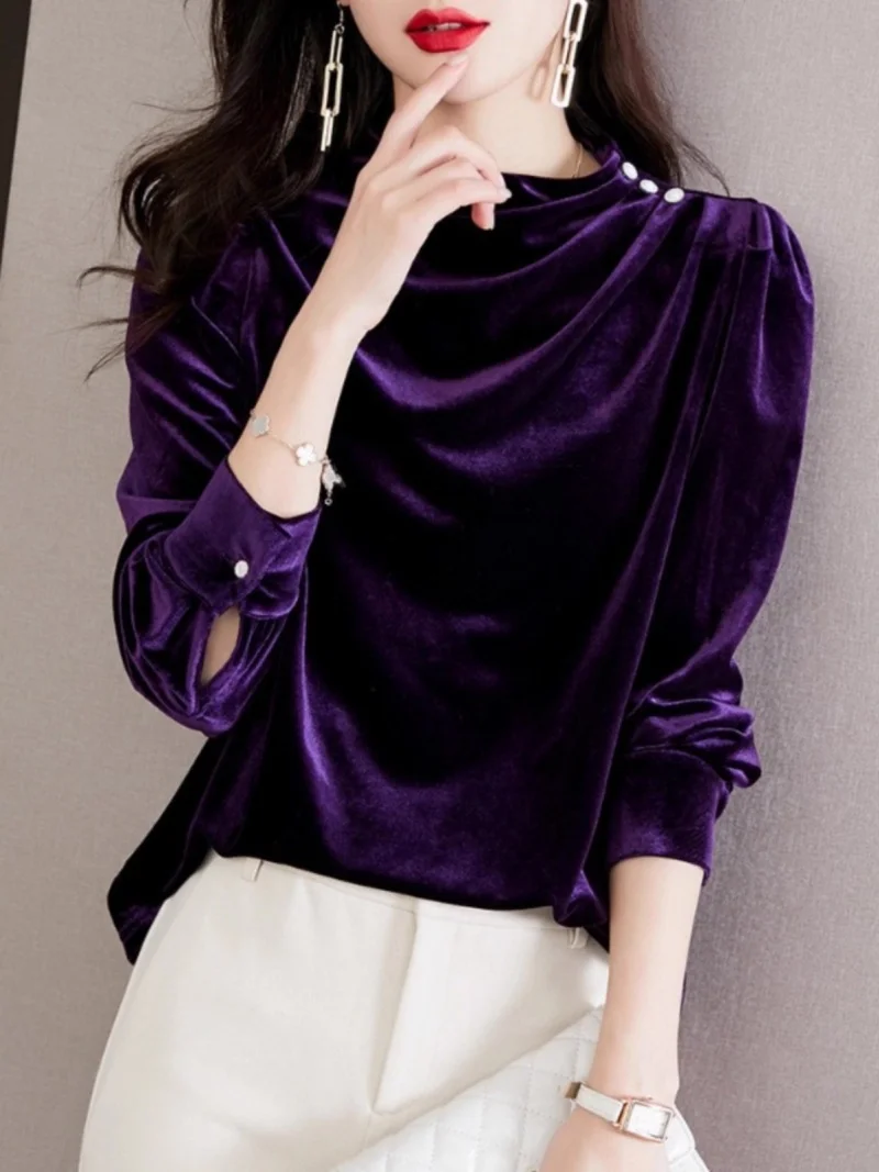

Золотая бархатная фиолетовая рубашка во французском стиле ретро с полувысоким воротником для женщин, осенне-зимняя темпераментная блузка с длинными рукавами w1701