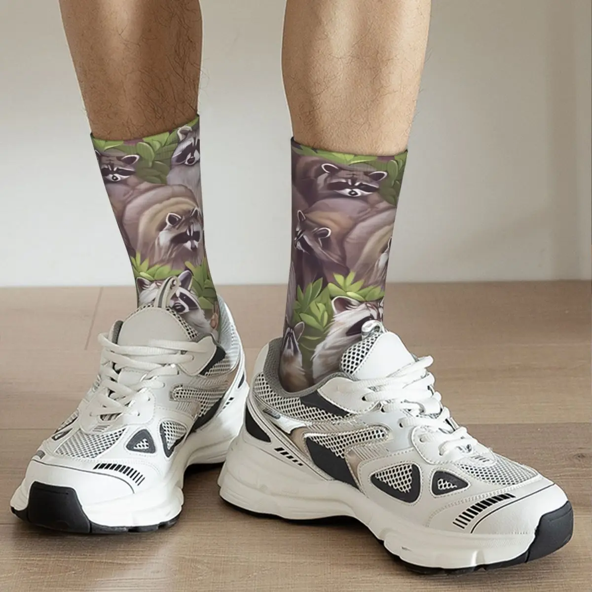 Vintage Funny Men's Socks Vintage Raccoon Cute Animal Hip Hop Seamless Crew Sock Gift Pattern Printed