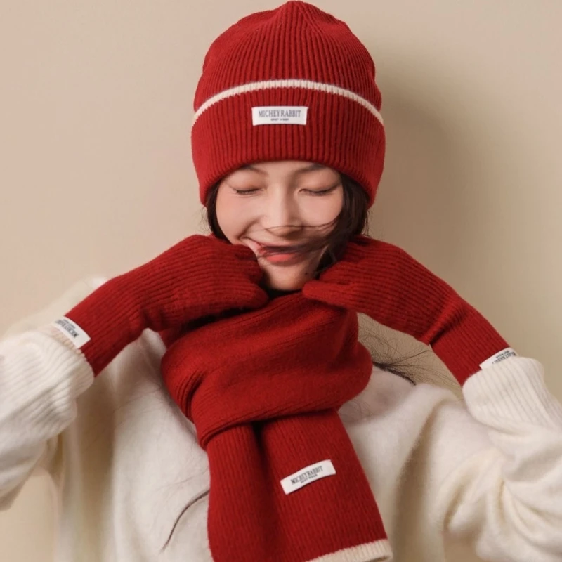 Contrast-colored knitted warm scarf, hat, and gloves three-piece set for women, winter versatile, high quality, perfect gift
